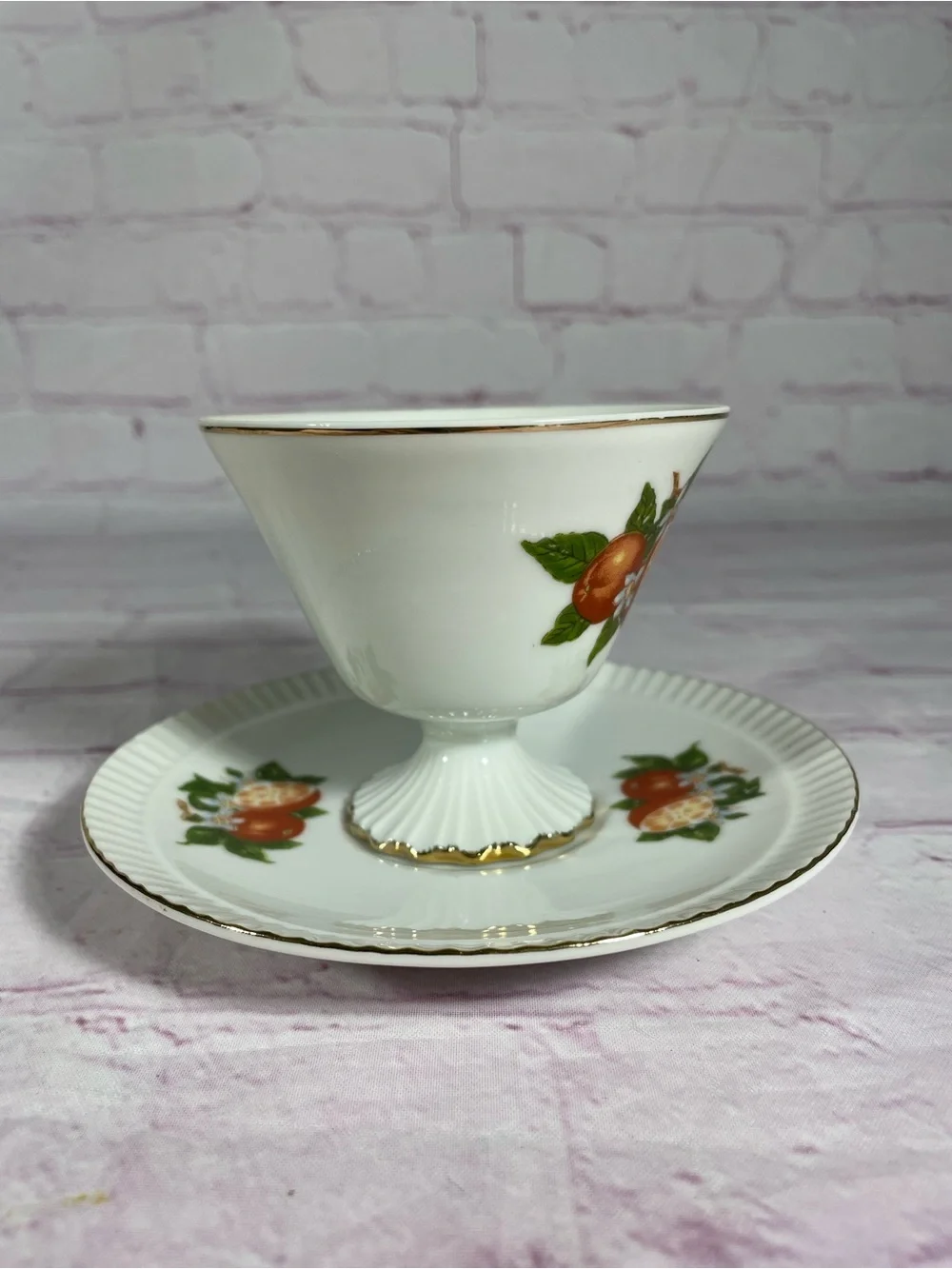 Vintage Florida Oranges Souvenir Footed Teacup and Saucer Set Gold Trim